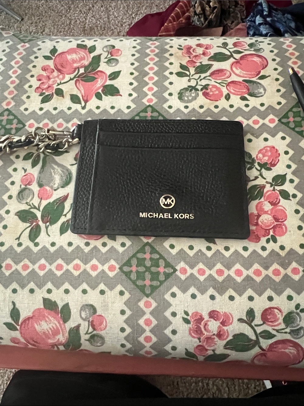 Michael Kors Black and Gold Leather Card Holder with Chain Accent